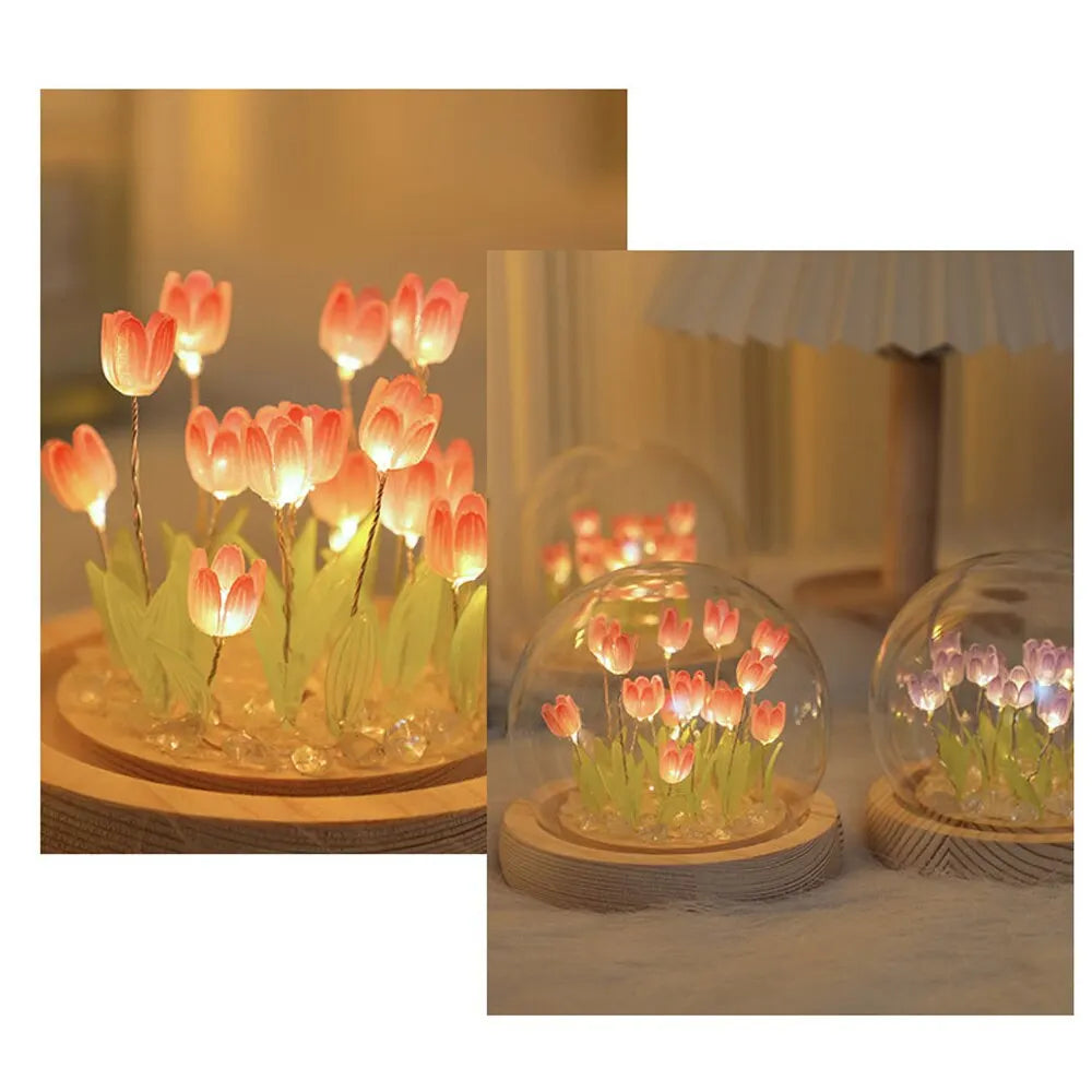 Artificial Tulip Flower Night Light Handmade DIY Bedside Lamp LED Night Lamp Bedroom Decor Christmas Birthday Gifts Table Lamp