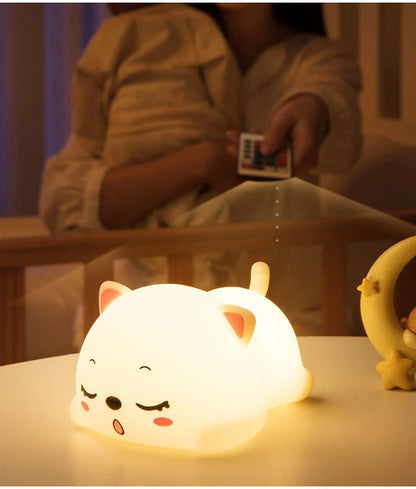 Lovely Cat USB Rechargeable Silicone LED Night Light Bedroom Bedside Floor Lamp with Remote for Kids Baby Gift Touch Sensor Lamp